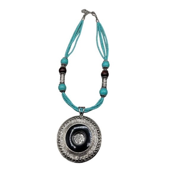 Faux Turquoise Large Pendant Necklace Runway Style Silver Tone 21" Beaded Chain - Picture 11 of 16